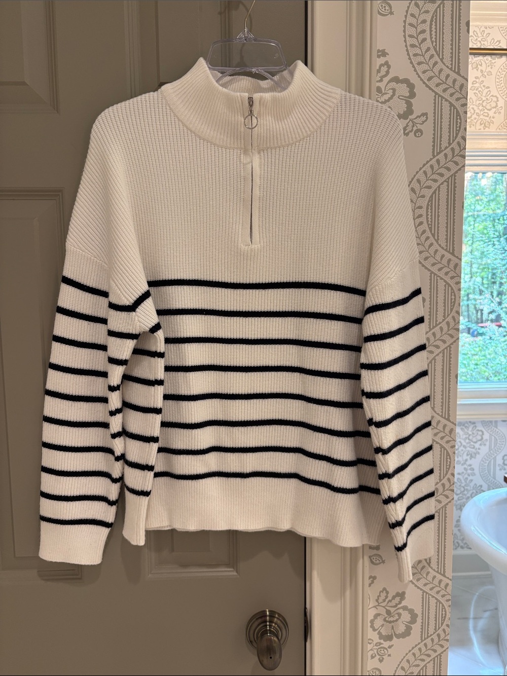 Striped Half-Zip Mock Neck Sweater - White/Black
